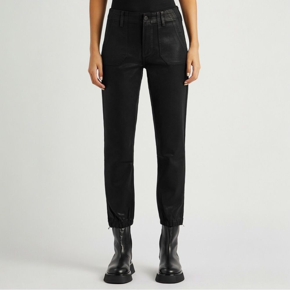 NWT PAIGE Mayslie Jogger Size 26 Black Fog Luxe Coated Denim Pants Cropped NEW
